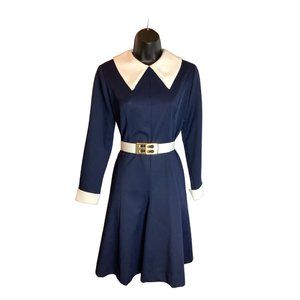 1960's-70's Montgomery Ward Navy & White Dagger Collar Dress